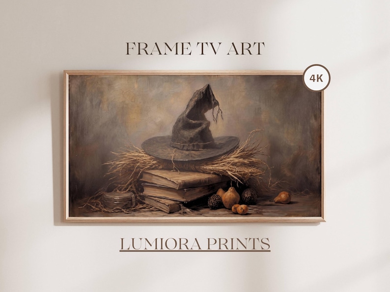 Witch Hat Frame TV Art, Vintage Halloween Still Life Oil Painting, Witchy Books and Pears, Dark Academia Fall Decor, Digital Download TV
