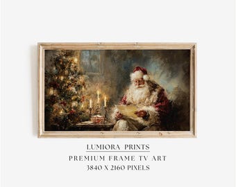 Samsung Frame TV Art Santa Reading Book • Vintage Oil Painting • Cozy Holiday Decor • Classic Christmas Tree Candlelight Art, image 1