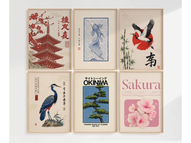 Peut inclure: Un ensemble de six affiches murales encadr&eacute;es pr&eacute;sentant des illustrations d'inspiration japonaise. La collection comprend une pagode rouge, une carpe ko&iuml; bleue, une grue avec un soleil rouge, un h&eacute;ron bleu, un bonsa&iuml; vert et des fleurs de cerisier.