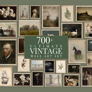 Puede incluir: Una colección de grabados artísticos vintage enmarcados, que incluyen retratos, paisajes e ilustraciones botánicas. El conjunto presenta una variedad de estilos y temas, con un letrero central que dice "700+ Ultimate Vintage Wall Art Set."