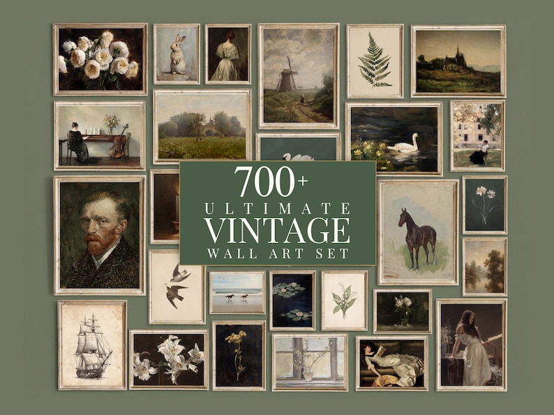 May include: A collection of framed vintage art prints, including portraits, landscapes, and botanical illustrations. The set features a variety of styles and subjects, with a central sign that reads "700+ Ultimate Vintage Wall Art Set."