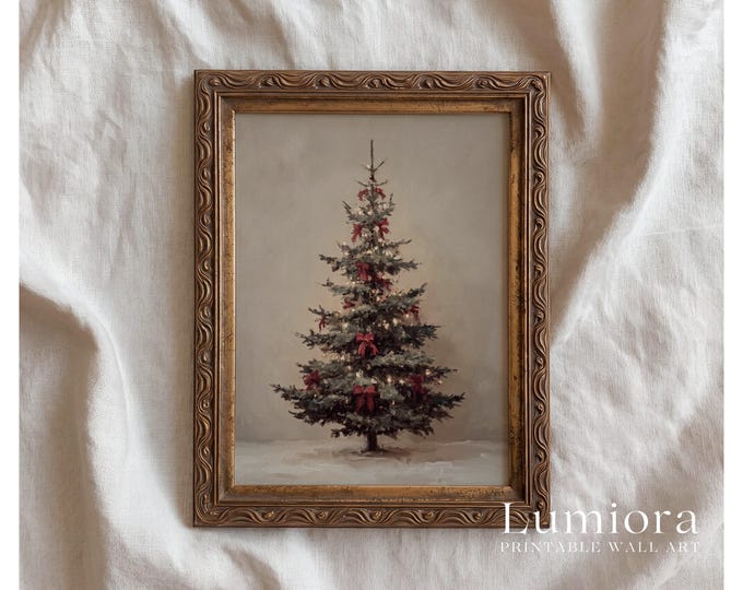 Vintage Christmas Tree Painting, Christmas Tree with Red…