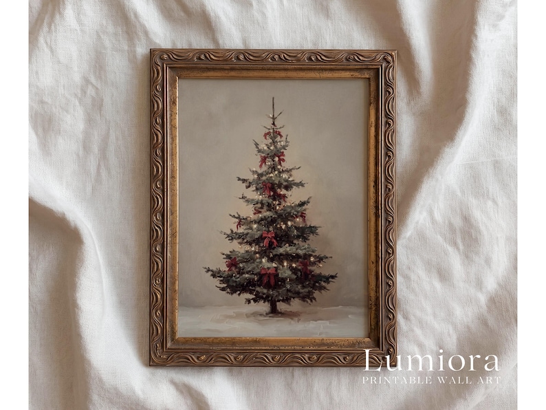 Vintage Christmas Tree Painting, Christmas Tree with Red Bows Print, Antique Holiday Wall Art, Printable Christmas Decor, Digital Download