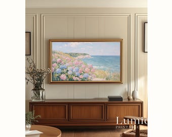 Coastal Hydrangea Samsung Frame TV Art, Summer Ocean Landscape Oil Painting, 4K, Sea Cliff Flower Decor, Aesthetic Beach Wall Art, image 5
