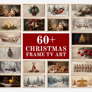 May include: A collection of framed Christmas-themed digital art for TV screens. The images include Santa Claus, wreaths, reindeer, Christmas trees, and other festive scenes. The text on the image reads "60+ CHRISTMAS FRAME TV ART."