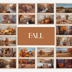 May include: A collection of framed autumn-themed paintings. The paintings depict various fall scenes, including pumpkins, landscapes, and a text that reads "FALL". The artwork is in warm tones of orange, brown, and yellow.