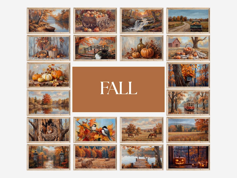 May include: A collection of framed autumn-themed paintings. The paintings depict various fall scenes, including pumpkins, landscapes, and a text that reads "FALL". The artwork is in warm tones of orange, brown, and yellow.
