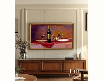 Romantic Wine Dinner Samsung Frame TV Art, Modern Impressionist Still Life, Red Wine Bottle and Glasses Oil Painting, Dining Room Decor, 4K, image 6