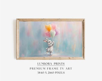 Easter Bunny with Heart Balloons Samsung Frame TV Art, Spring TV Decor, Cute Rabbit Oil Painting, 4K Digital Download, Nursery Screen Art, image 1