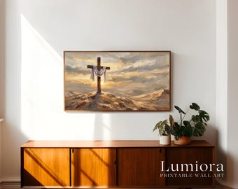 Cross Resurrection TV Art, He Is Risen Christian Oil Painting, Easter Samsung Frame TV Art, Spiritual Faith Sunset Landscape Decor, image 3