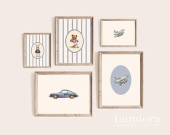 50+ Baby Boy Nursery Prints, Classic Boy Room Decor, Vintage Teddy Bear Art, Blue Striped Wall Art, Retro Car Print, Gallery Wall Set, image 10