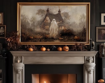 Halloween Frame TV Art, Ghost at Haunted Cottage, Vintage Fall Oil Painting, Pumpkin Patch Spooky Decor, Moody Halloween Digital Download, image 4