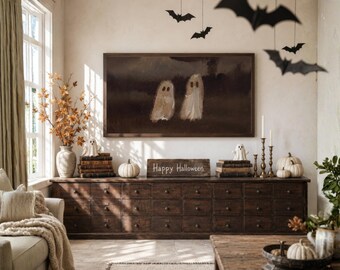 Halloween Frame TV Art, Two Ghosts Vintage Oil Painting, Moody Dark Academia Halloween Decor, Minimalist Ghost Art, Digital Download TV, image 3