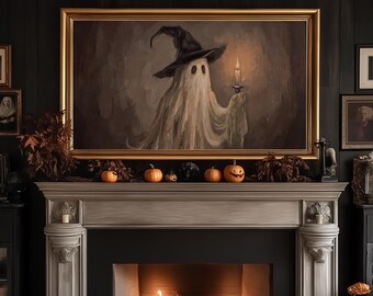 Halloween Frame TV Art, Witch Ghost with Candle, Vintage Halloween Oil Painting, Spooky Cute Ghost Decor, Moody Fall Digital Download TV, image 4