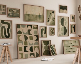 300+ Sage Green Abstract Wall Art Set, Sage Green Gallery Wall, Mid Century Modern Prints, image 4