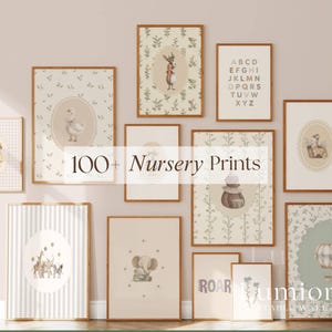 100+ vintage kinderkamerafdrukken, neutraal babykamerdecor, boho kinderkamerkunst aan de muur, dierenposterbundel, Cottagecore-babykunst