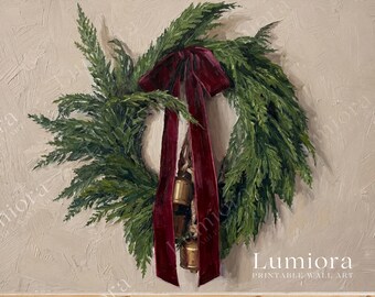 Christmas Wreath Wall Art for Samsung Frame TV – Neutral Christmas Frame Tv Art -Minimal Holiday Greenery with Red Ribbon & Bells, image 7