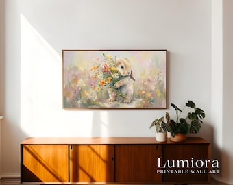Easter Bunny with Spring Flowers Samsung Frame TV Art, Rabbit Flower Bouquet Oil Painting, 4K Digital Download, Nursery Wall Decor, image 3