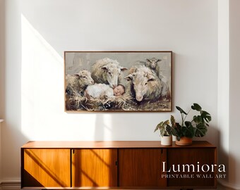 Baby Jesus with Sheep Samsung Frame TV Art, Nativity Scene Screen Decor, Christian Religious Oil Painting, Manger Faith Background, 4K, image 3