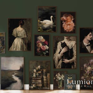 May include: A selection of framed vintage-style wall art prints. The prints showcase classic paintings of portraits, landscapes, flowers, and animals. The colour palette includes muted tones of green, brown, and cream.