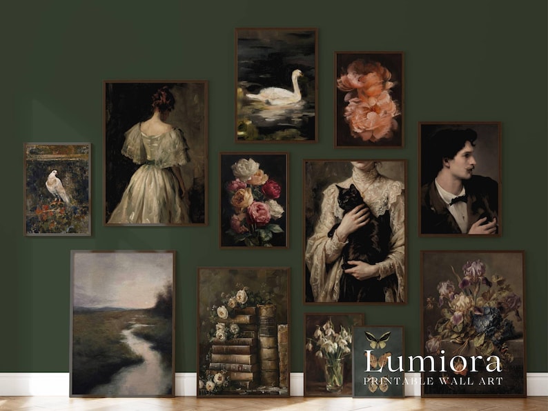 May include: A selection of framed vintage-style wall art prints. The prints showcase classic paintings of portraits, landscapes, flowers, and animals. The colour palette includes muted tones of green, brown, and cream.