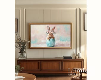 Bunny with Flower Crown Samsung Frame TV Art, Nursery Rabbit Wall Decor, Spring Floral Art Painting, Cottagecore Easter Decor, image 5