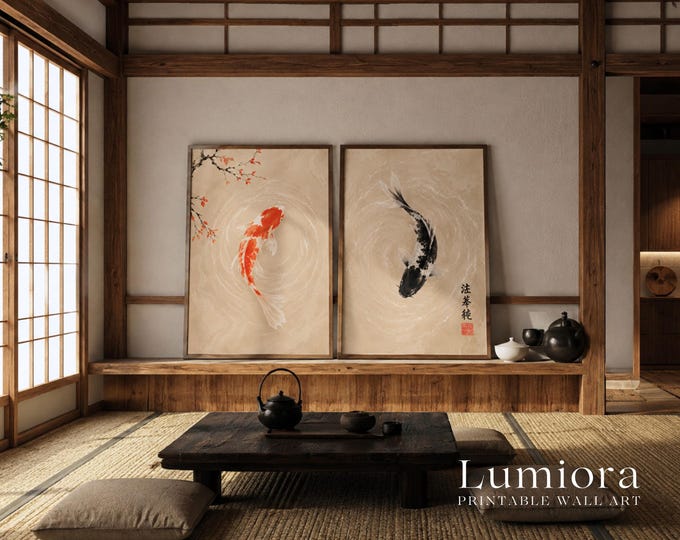 Koi Fish Print Set of 2, Yin Yang Wall Art, Japanese…