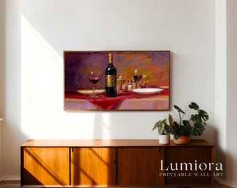 Romantic Wine Dinner Samsung Frame TV Art, Modern Impressionist Still Life, Red Wine Bottle and Glasses Oil Painting, Dining Room Decor, 4K, image 3