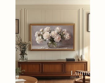 Romantic White Peonies Samsung Frame TV Art, Vintage Floral Oil Painting, Glass Vase Still Life, Neutral Grey Aesthetic, 4K Spring Decor, image 6