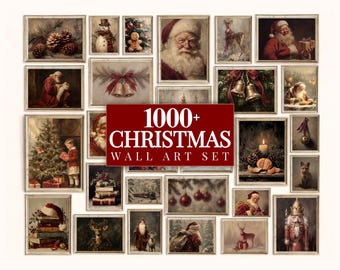 1000+ Vintage Christmas Wall Art Set, Vintage Holiday Gallery Wall, Santa Claus Painting, Christmas Prints Bundle, image 1