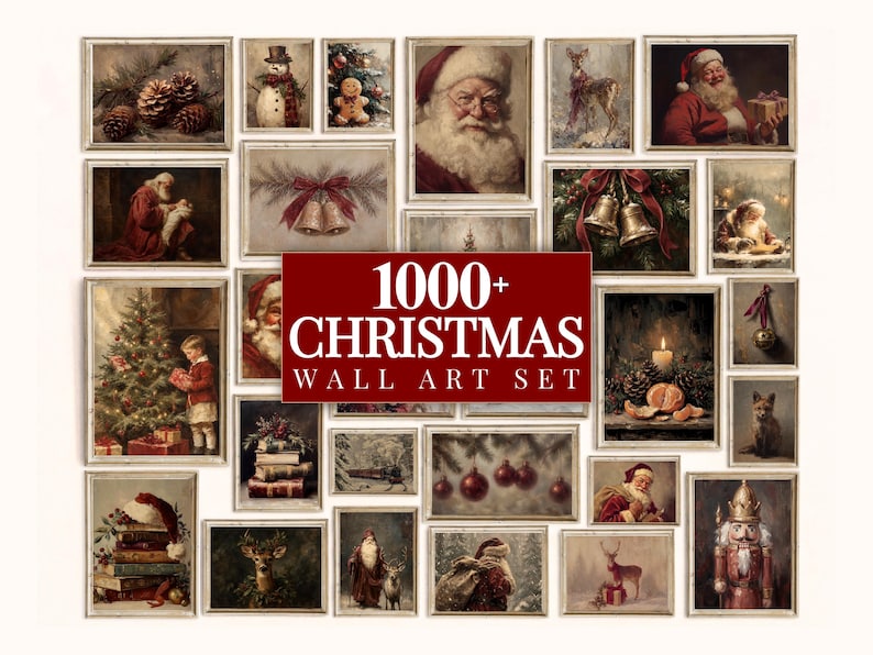 1000+ Vintage Christmas Wall Art Set, Vintage Holiday Gallery Wall, Santa Claus Painting, Christmas Prints Bundle