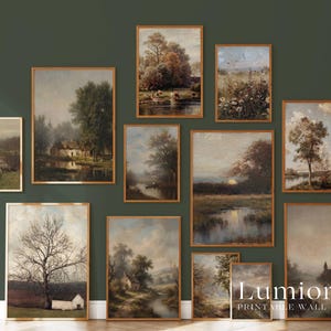 May include: A collection of framed landscape paintings with gold-colored frames. The artwork depicts serene scenes of nature, including trees, water, and fields. The color palette is muted, with earthy tones and soft lighting. The text "Lumiora Printable Wall Art" is visible.