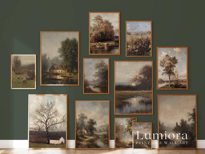 May include: A collection of framed landscape paintings with gold-colored frames. The artwork depicts serene scenes of nature, including trees, water, and fields. The color palette is muted, with earthy tones and soft lighting. The text "Lumiora Printable Wall Art" is visible.