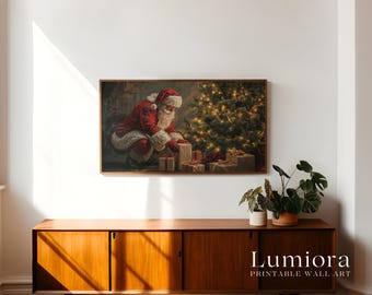 Samsung Frame TV Art Christmas Santa Putting Gifts • Vintage Christmas Tree Painting • Cozy Holiday Decor • Classic Santa Claus Wall Art, image 3