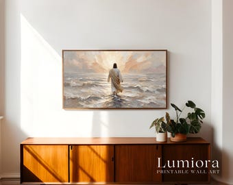 Jesus Walking on Water Samsung Frame TV Art, Christian Religious Screen Decor, Spiritual Faith Background, Divine Presence TV Art, 4K, image 3