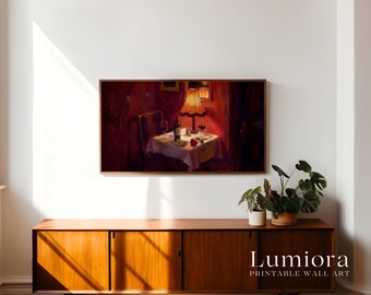 Romantic Candlelight Dinner Samsung Frame TV Art, Wine and Roses Still Life, Vintage Oil Painting, Valentine's Day Decor, Moody Cafe, 4K, image 3