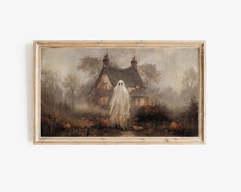 Halloween Frame TV Art, Ghost at Haunted Cottage, Vintage Fall Oil Painting, Pumpkin Patch Spooky Decor, Moody Halloween Digital Download, image 6