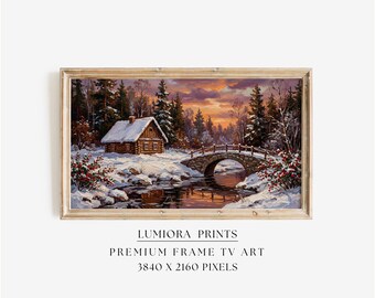 Samsung Frame TV Art Winter Cabin Landscape • Snowy Sunset Painting • Cozy Rustic Bridge Artwork, image 1