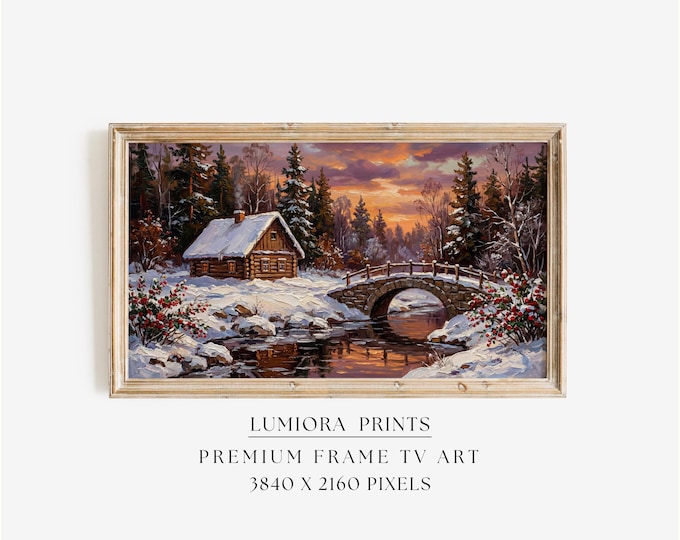 Samsung Frame TV Art Winter Cabin Landscape • Snowy Sunset…