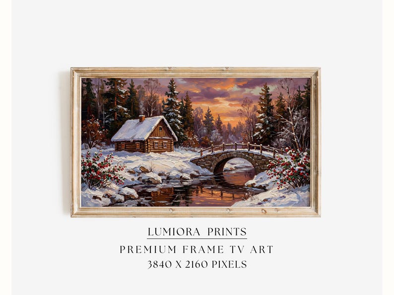 Samsung Frame TV Art Winter Cabin Landscape • Snowy Sunset Painting • Cozy Rusti