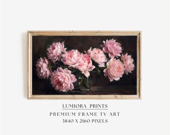 Romantic Pink Peonies Samsung Frame TV Art, Vintage Floral Still Life, Classic Oil Painting, Moody Botanical Decor, Soft Pink Flower Bouquet, image 1