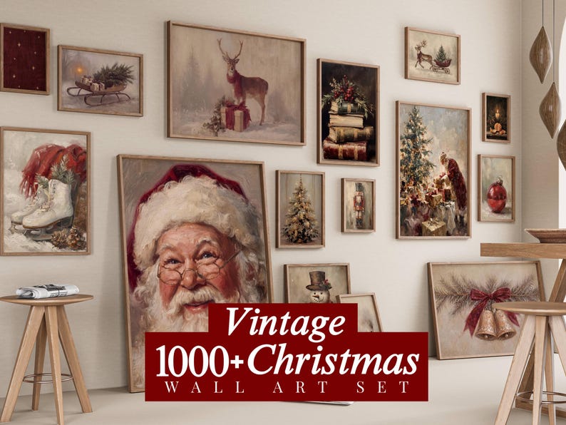 1000+ Vintage Christmas Wall Art Set, Holiday Gallery Wall, Santa Claus Painting, Christmas Prints Bundle, Trendy Winter Decor Printables