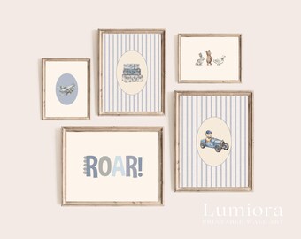 50+ Baby Boy Nursery Prints, Classic Boy Room Decor, Vintage Teddy Bear Art, Blue Striped Wall Art, Retro Car Print, Gallery Wall Set, image 9