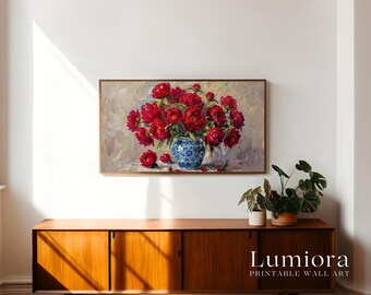 Romantic Red Peonies Samsung Frame TV Art, Vintage Floral Oil Painting, Blue and White Chinoiserie Vase, Valentine's Day Decor, 4K, image 3