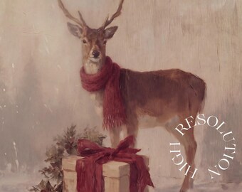 Vintage Christmas Deer Painting, Reindeer with Red Scarf Print, Winter Wall Art, Printable Holiday Decor, Antique Christmas Art Download, image 5