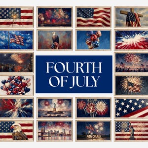 May include: A collection of framed art prints with patriotic themes. The images depict American flags, fireworks, eagles, and other symbols of the Fourth of July. The central image reads "FOURTH OF JULY" in white text on a blue background.