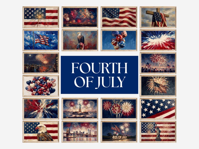 May include: A collection of framed art prints with patriotic themes. The images depict American flags, fireworks, eagles, and other symbols of the Fourth of July. The central image reads "FOURTH OF JULY" in white text on a blue background.