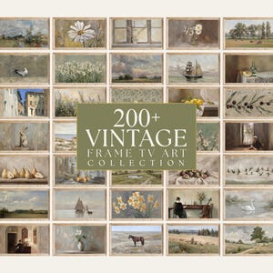 May include: A collection of framed vintage art prints, featuring various landscape, still life, and nature scenes. The artwork includes paintings of flowers, animals, and seascapes. The image has the text "200+ VINTAGE FRAME TV ART COLLECTION".