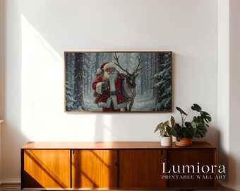 Samsung Frame TV Art Santa & Reindeer • Vintage Christmas Painting • Nordic Winter Forest Wall Art • Cozy Holiday Digital Download, image 3