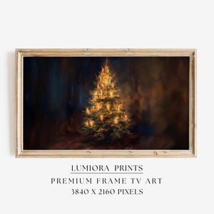 May include: A framed digital art print depicting a Christmas tree with warm, glowing lights. The artwork has a painterly style with a dark, blurred background. The text "LUMIRA PRINTS" and "PREMIUM FRAME TV ART" are displayed below the image, along with the resolution.